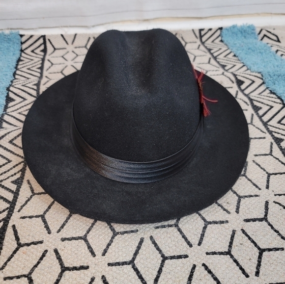 FERRECCI BLACK WOOL FEDORA HAT W RIBBON TRIM & FEATHER SZ MEDIUM main image 9